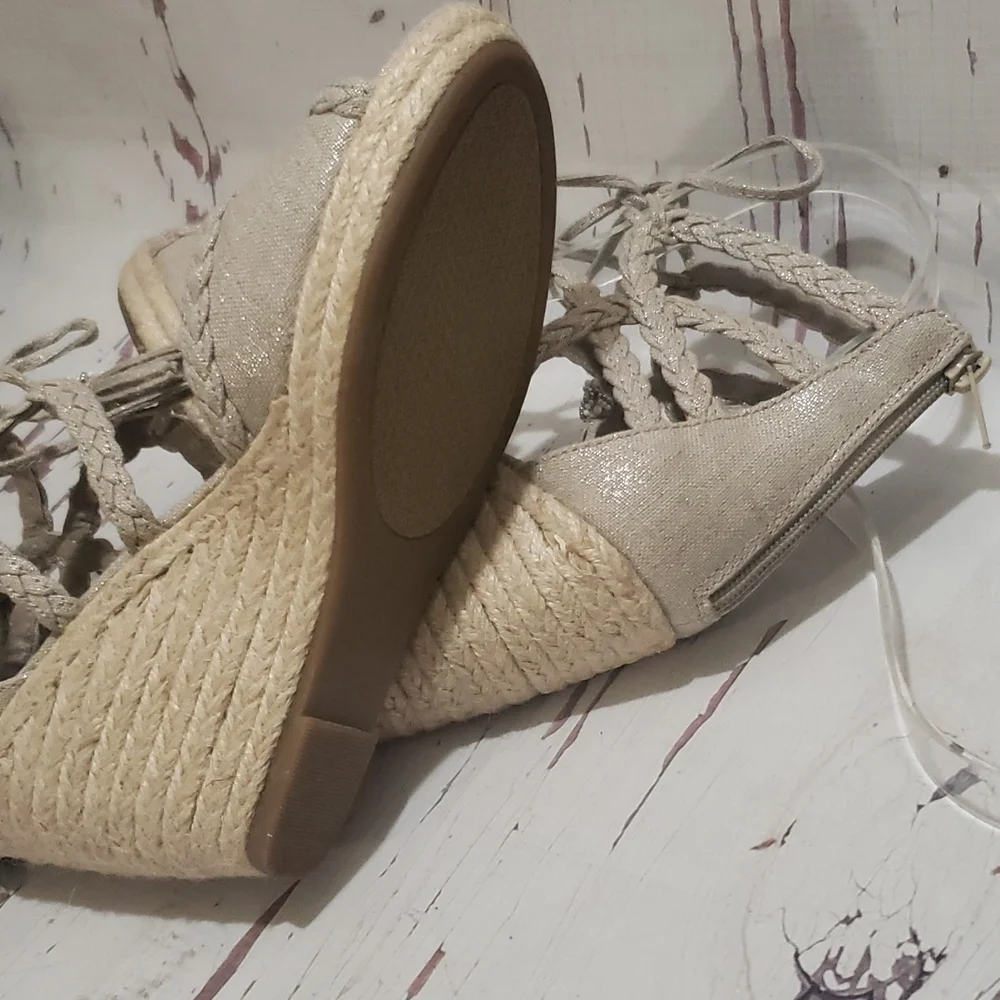 Rampage 7.5 Carlita silver glitter canvas wedge espadrilles strappy with tassels